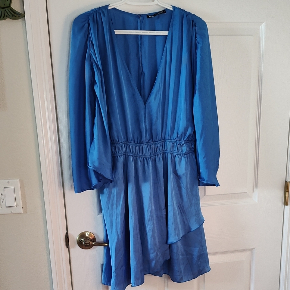 Zara Royal Blue V‑Neck Long Sleeve Satin Mini Dress - Picture 3 of 6